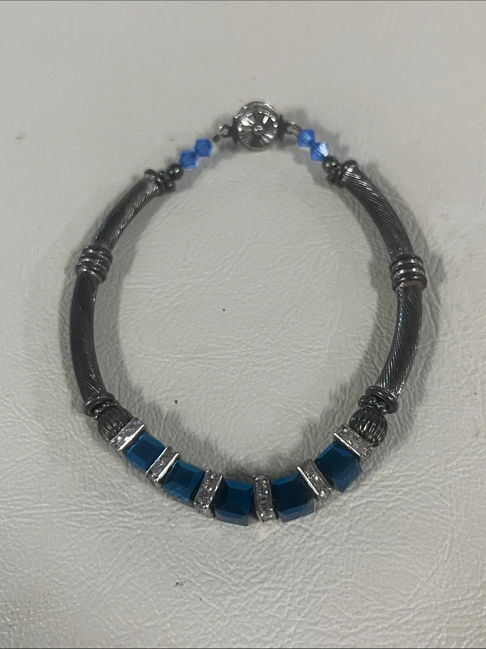 Navy Cube Bead Bracelet with Silver-toned Crystal Spacers